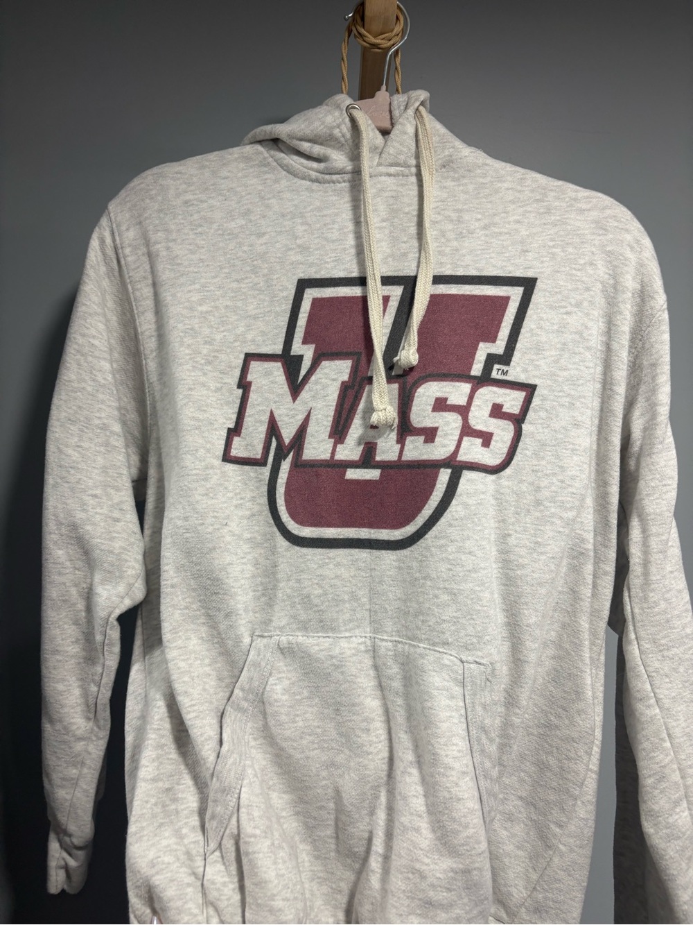 UMass Gray Hooded Sweatshirt with Maroon Logo